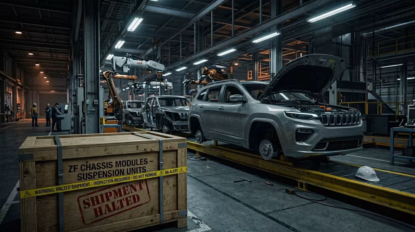 An unfinished 2026 Jeep Cherokee sits stationary on a darkened automotive assembly line behind a sealed shipping crate marked “SHIPMENT HALTED,” symbolizing the production stoppage caused by the supplier lawsuit.