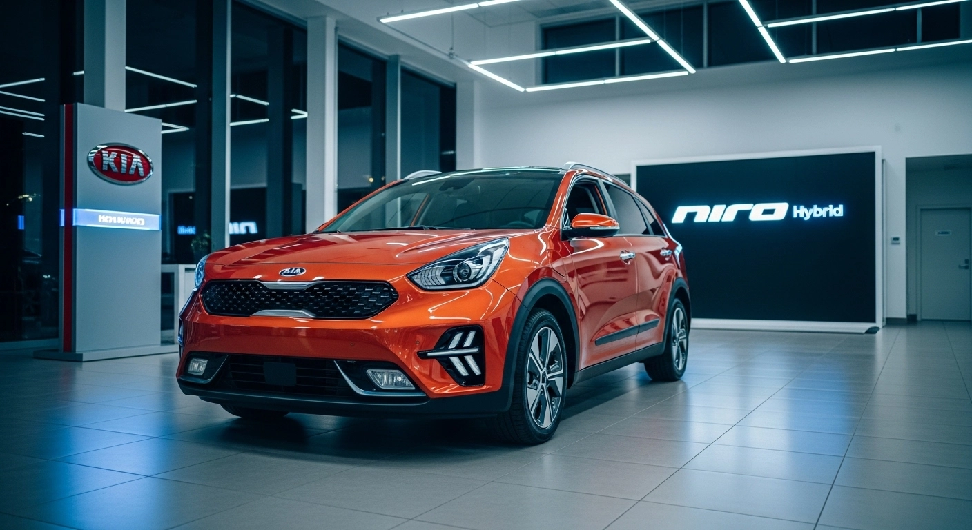 2026 Kia Niro Hybrid parked in a modern Kia showroom, showcasing sleek design, LED headlights, and premium hybrid crossover styling in a bright dealership environment.