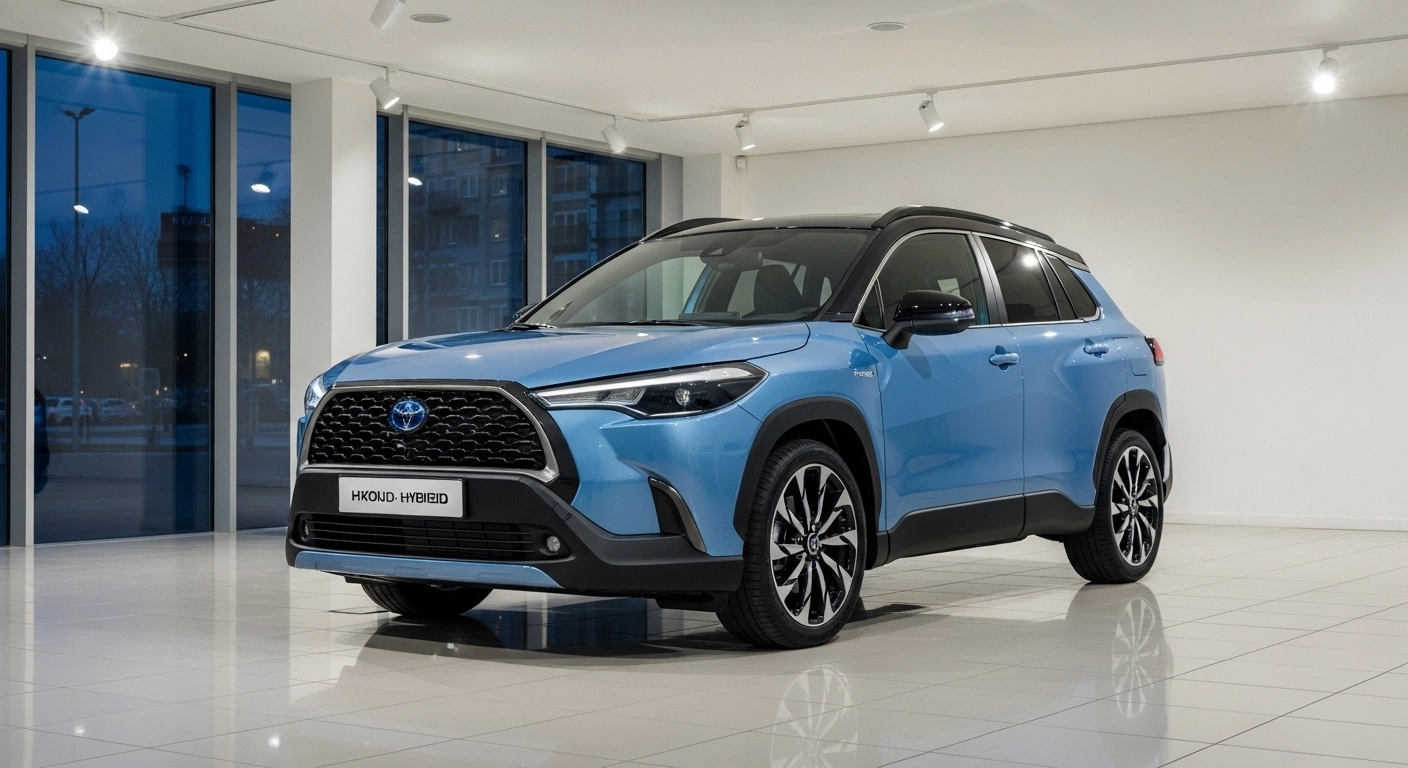 2026 Toyota Corolla Cross Hybrid displayed in a modern showroom – Cavalry Blue, sporty AWD styling, front three-quarter view.