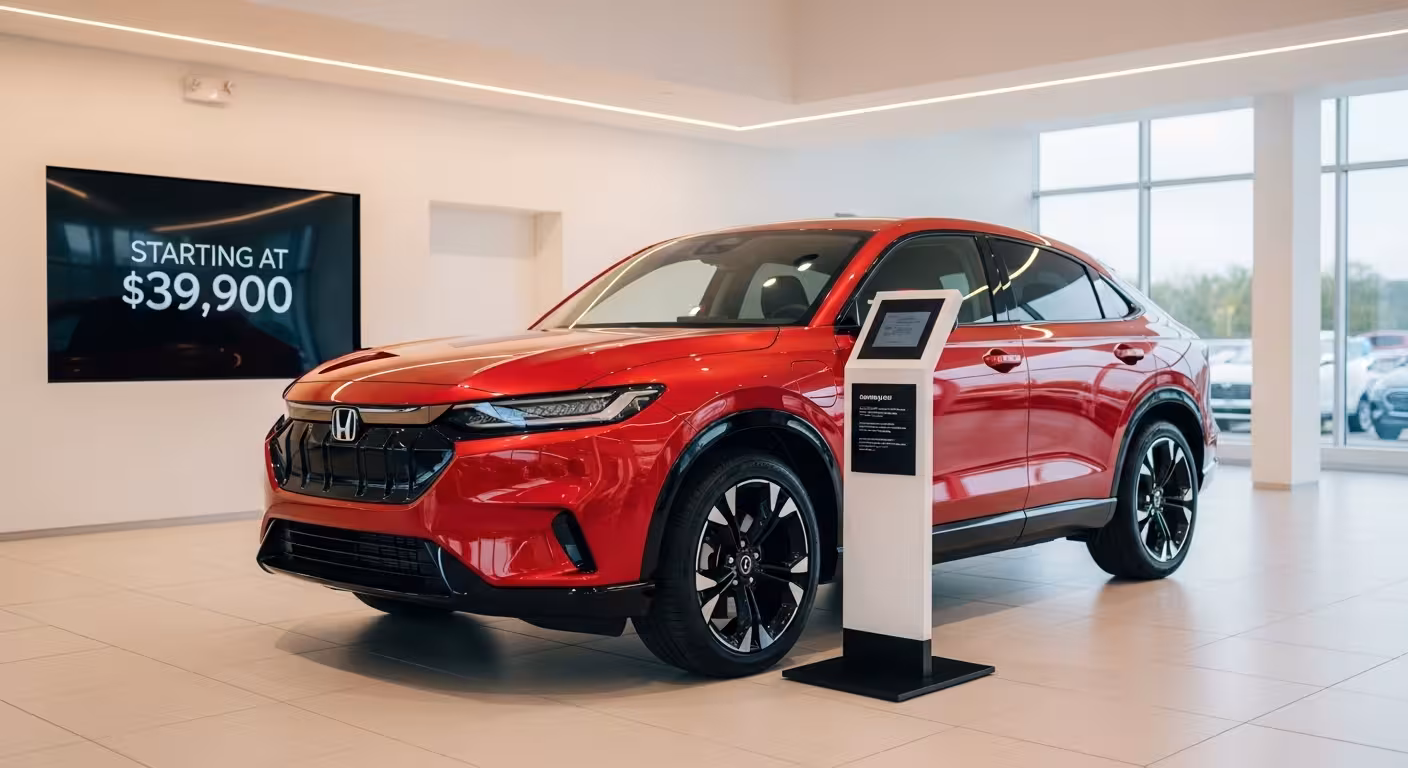 2026 Honda Prologue electric SUV in Scarlet Red Metallic on display inside a dealership showroom with a digital sign showing the new starting price of $39,900.