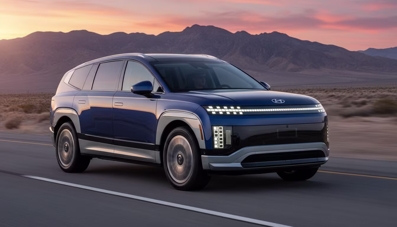 2026 Hyundai Ioniq 9 three-row electric SUV in blue on highway - full review, specs and pricing
