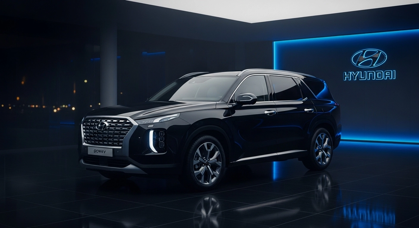2026 Hyundai Palisade Hybrid black edition showcased dramatically in nighttime showroom