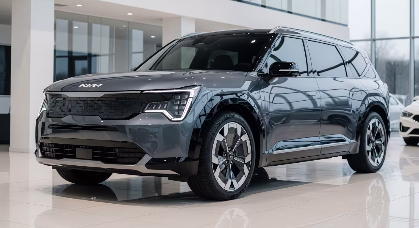 Front three-quarter view of the 2026 Kia EV9 electric 3-row SUV in bright showroom lighting