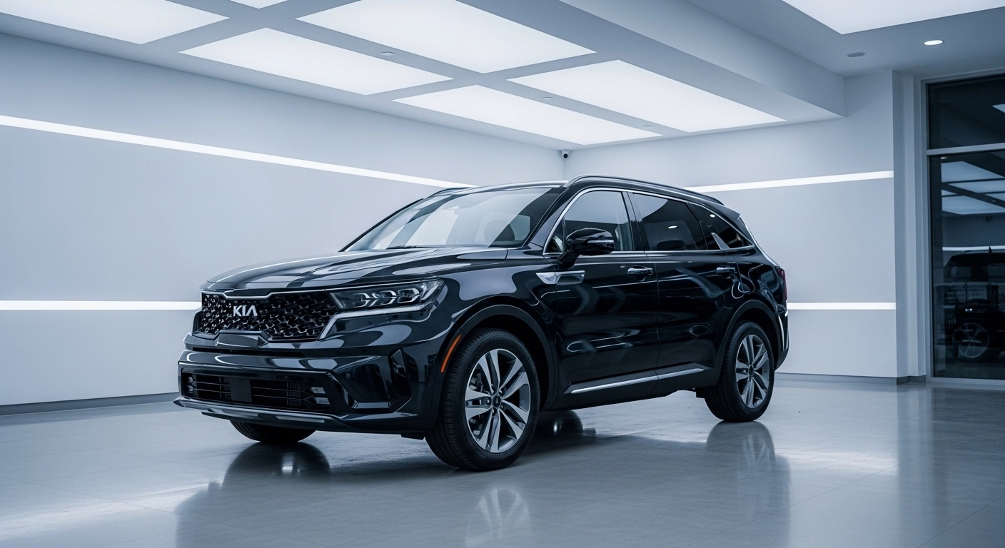 2026 Toyota Grand Highlander Hybrid Nightshade edition dramatically lit in a premium Toyota showroom at night