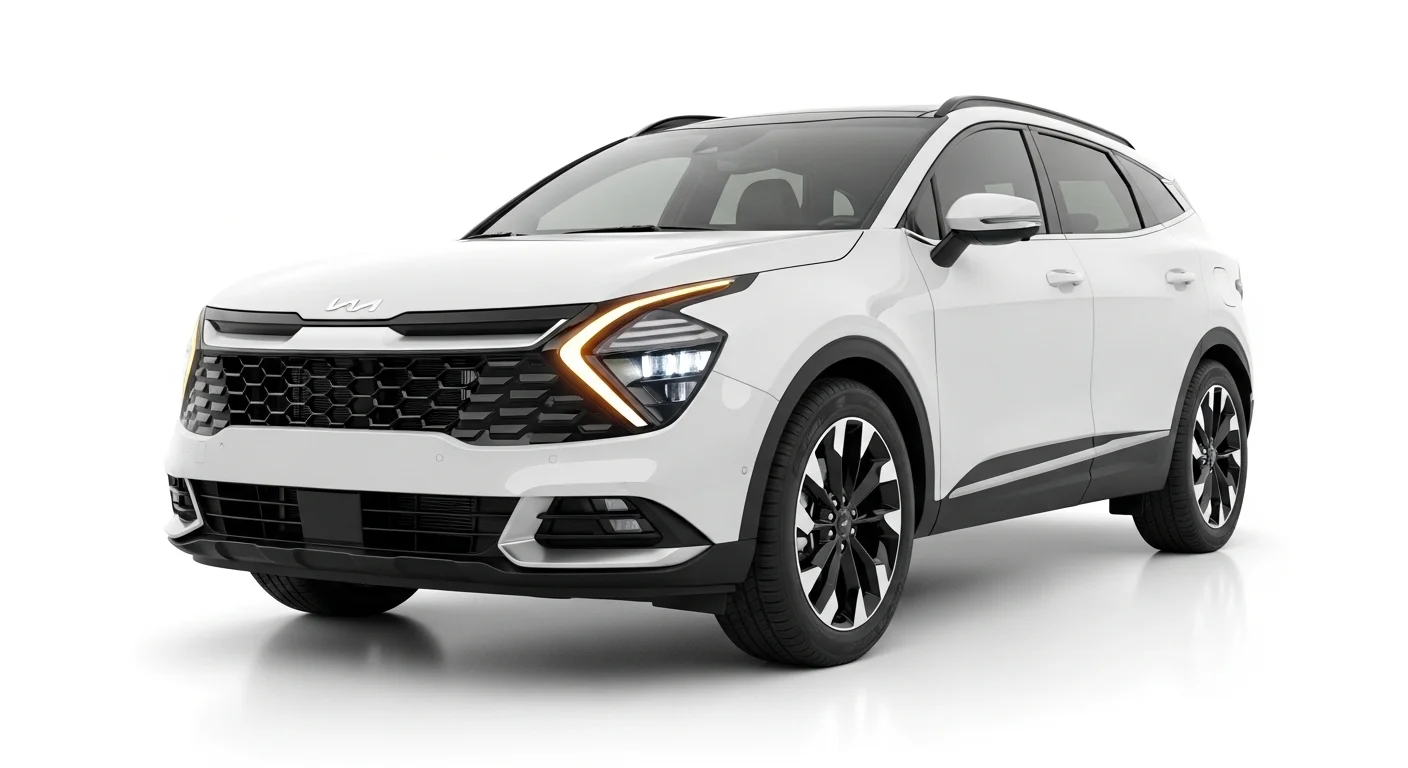 Studio shot of 2026 Kia Sportage Hybrid in silver metallic, front three-quarter view highlighting refreshed LED headlights and premium compact SUV design