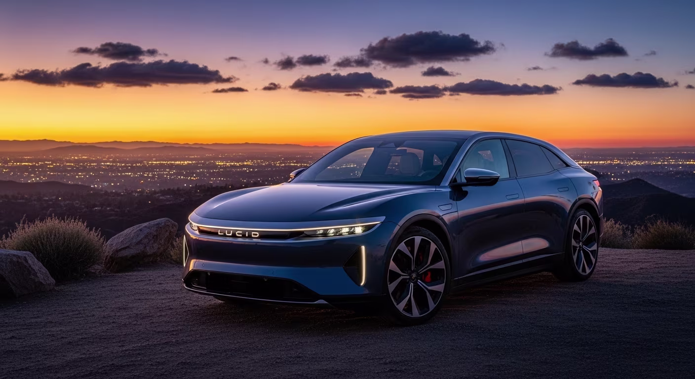 Front three-quarter view of the 2026 Lucid Gravity, the luxury 3-row electric SUV with up to 450-mile range