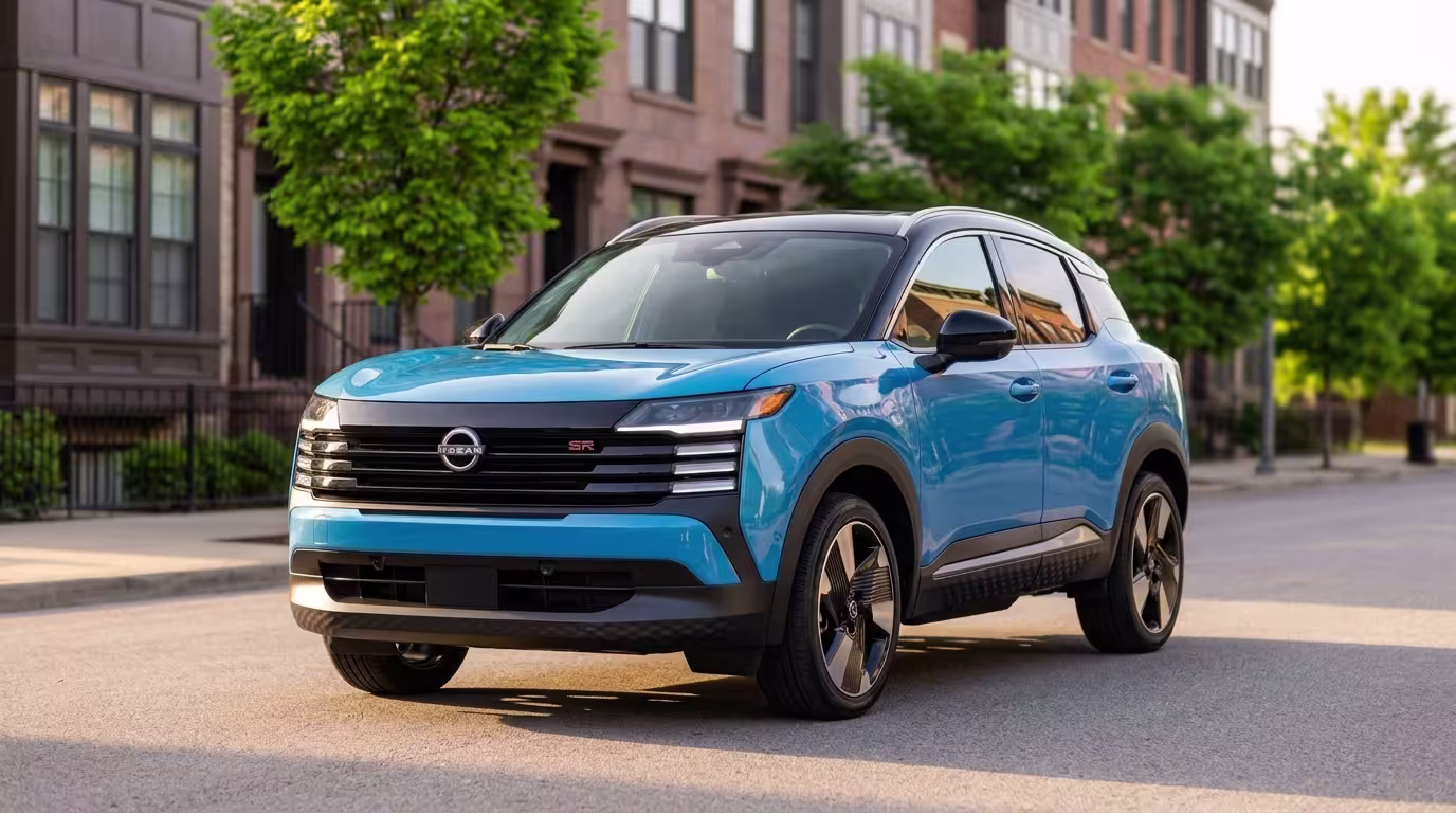 2026 Nissan Kicks SR in Electric Blue parked on a sunny urban street, showcasing the front three-quarter angle with V-motion grille, LED lights, and contrasting black roof – a stylish, affordable subcompact SUV perfect for city driving and families on a budget.