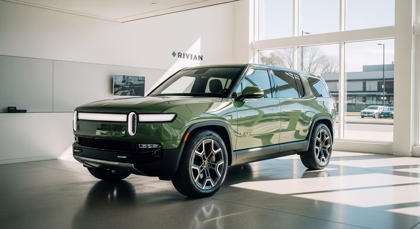 Front three-quarter view of the 2026 Kia EV9 electric 3-row SUV in bright showroom lighting