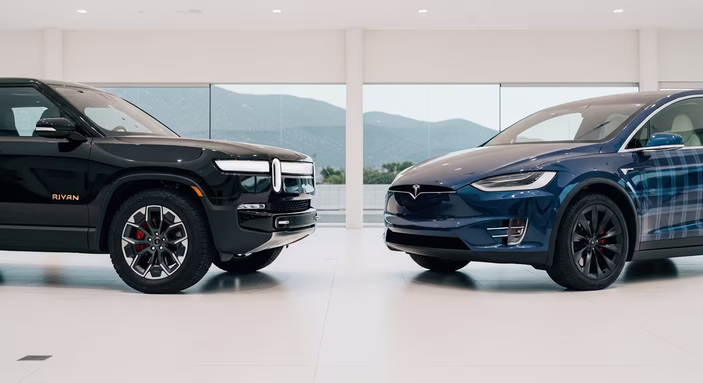 2026 Rivian R1S vs Tesla Model X side-by-side in a luxury showroom – detailed comparison of the best 3-row electric SUV 2026