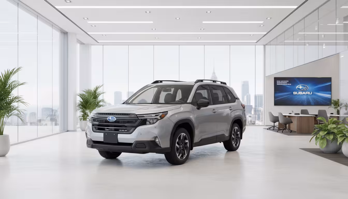 2026 Subaru Forester Hybrid exterior front three-quarter view in Crystal White Pearl showcasing Symmetrical AWD capability.