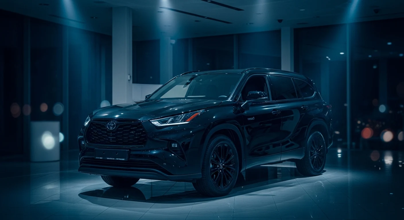 2026 Toyota Grand Highlander Hybrid Nightshade edition dramatically lit in a premium Toyota showroom at night