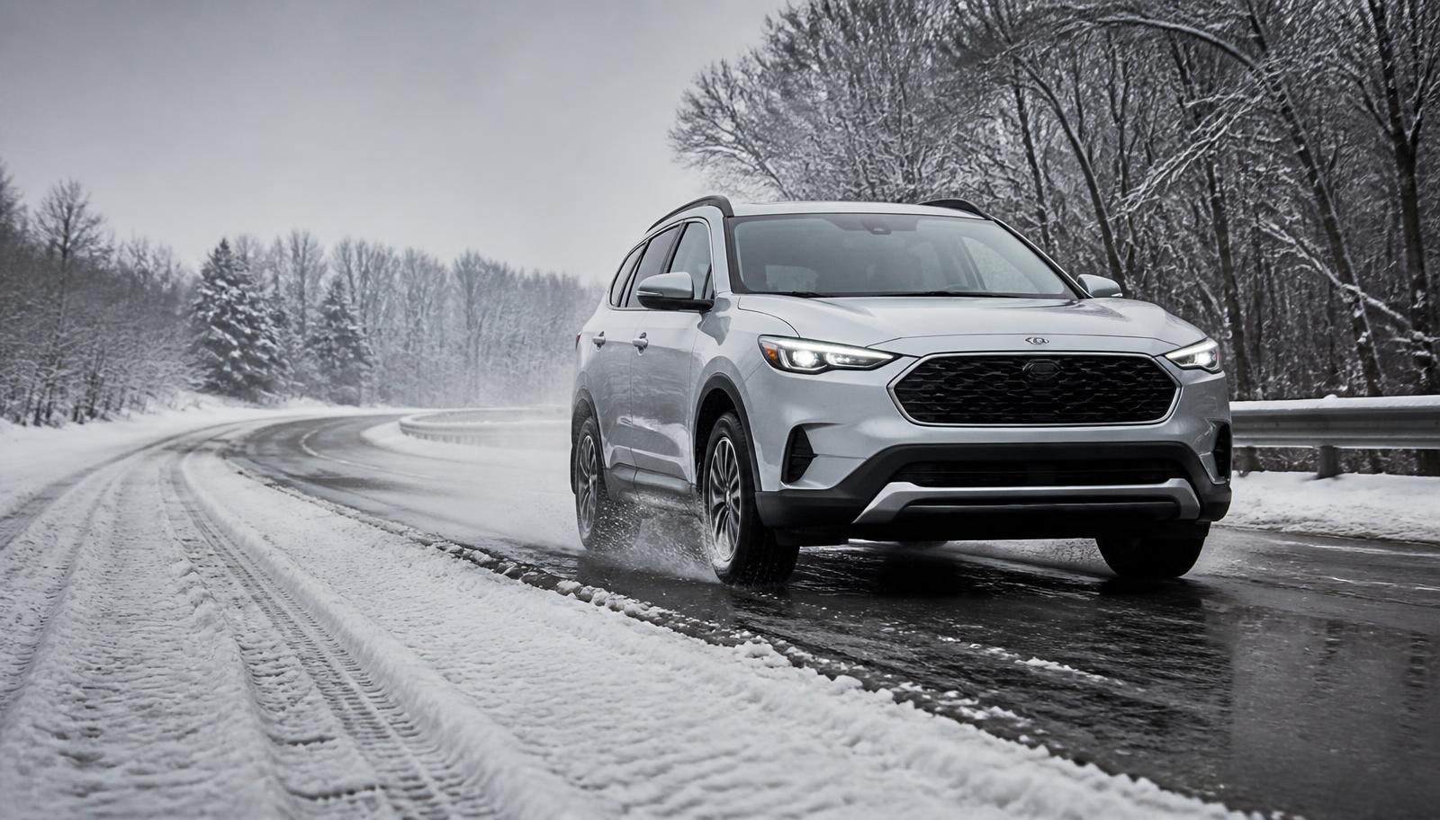 Silver crossover SUV driving through slush and packed snow on a winter highway with visible tire spray