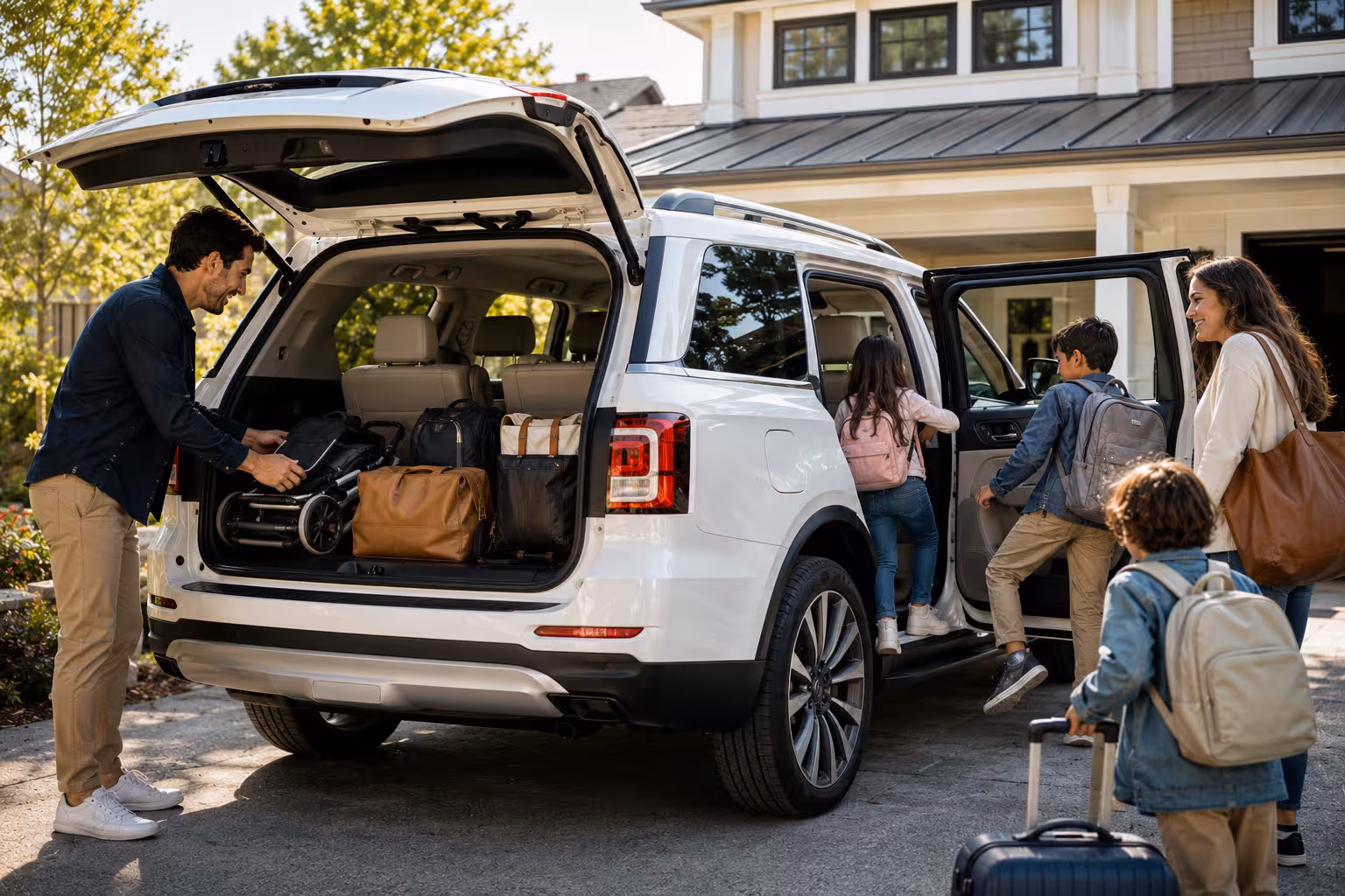 Family of five loading a three-row family SUV with a stroller and sports gear in a suburban driveway.