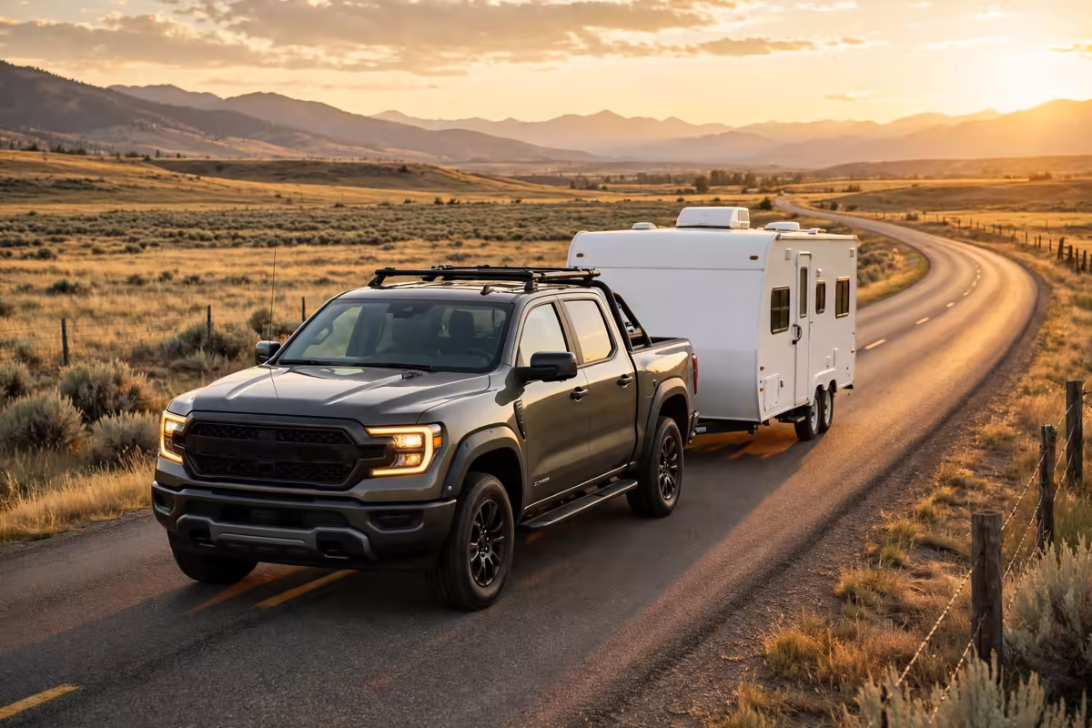 Pickup truck towing a travel trailer on a two-lane highway through ranch country at sunset.