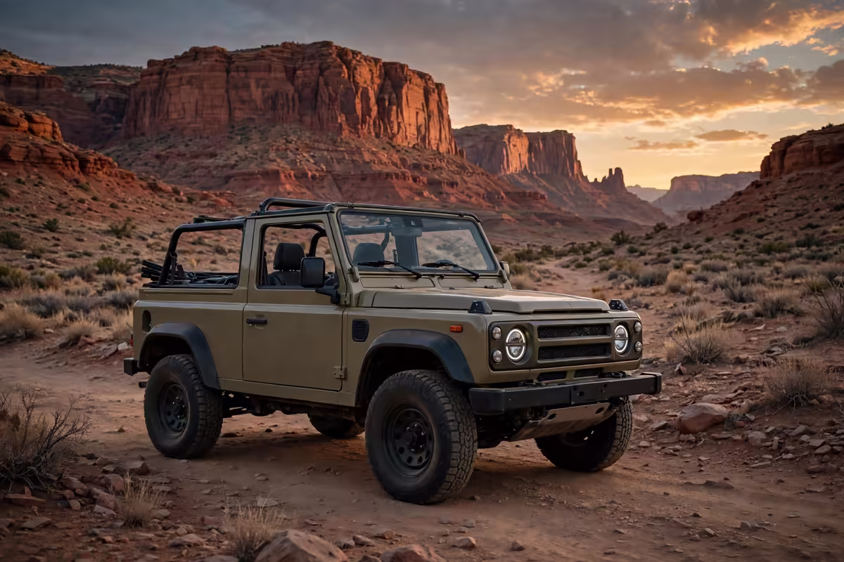 Rugged off-road SUV parked on a desert trail with red rock formations at sunset.