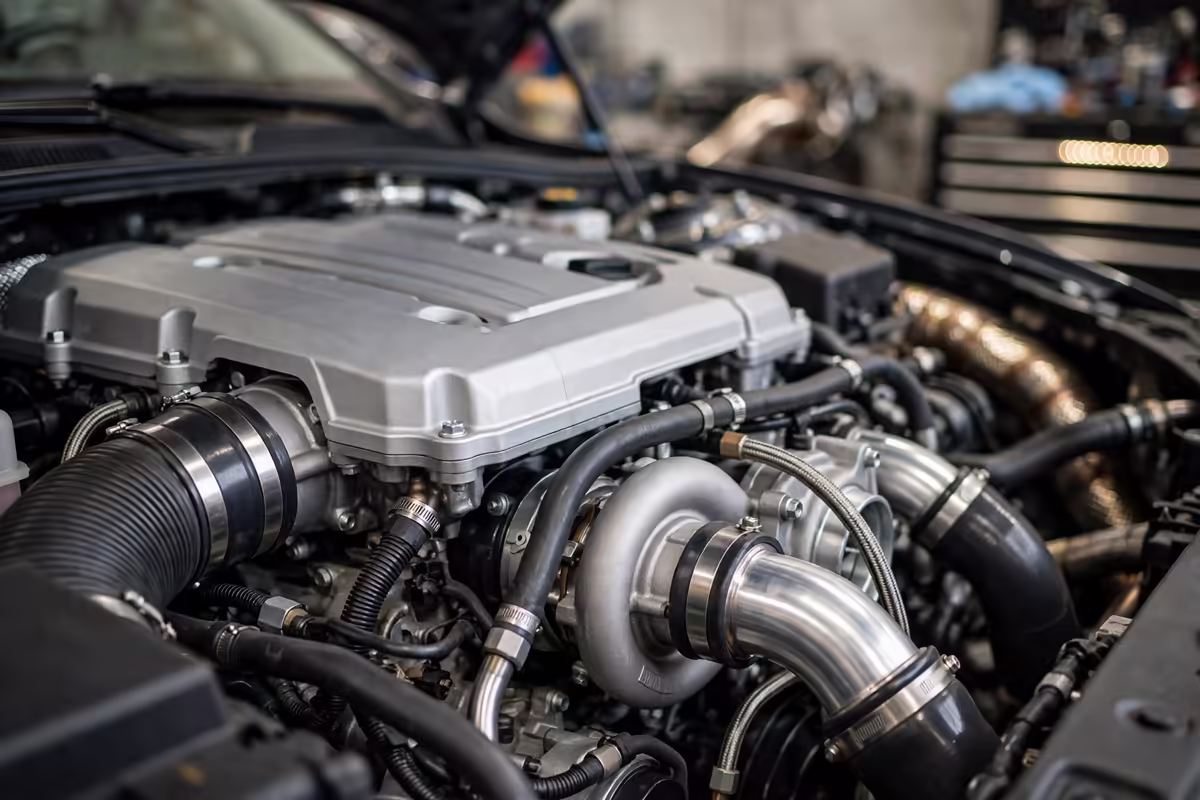 Close-up of a modern turbocharged engine bay with a silver engine cover and turbocharger piping.