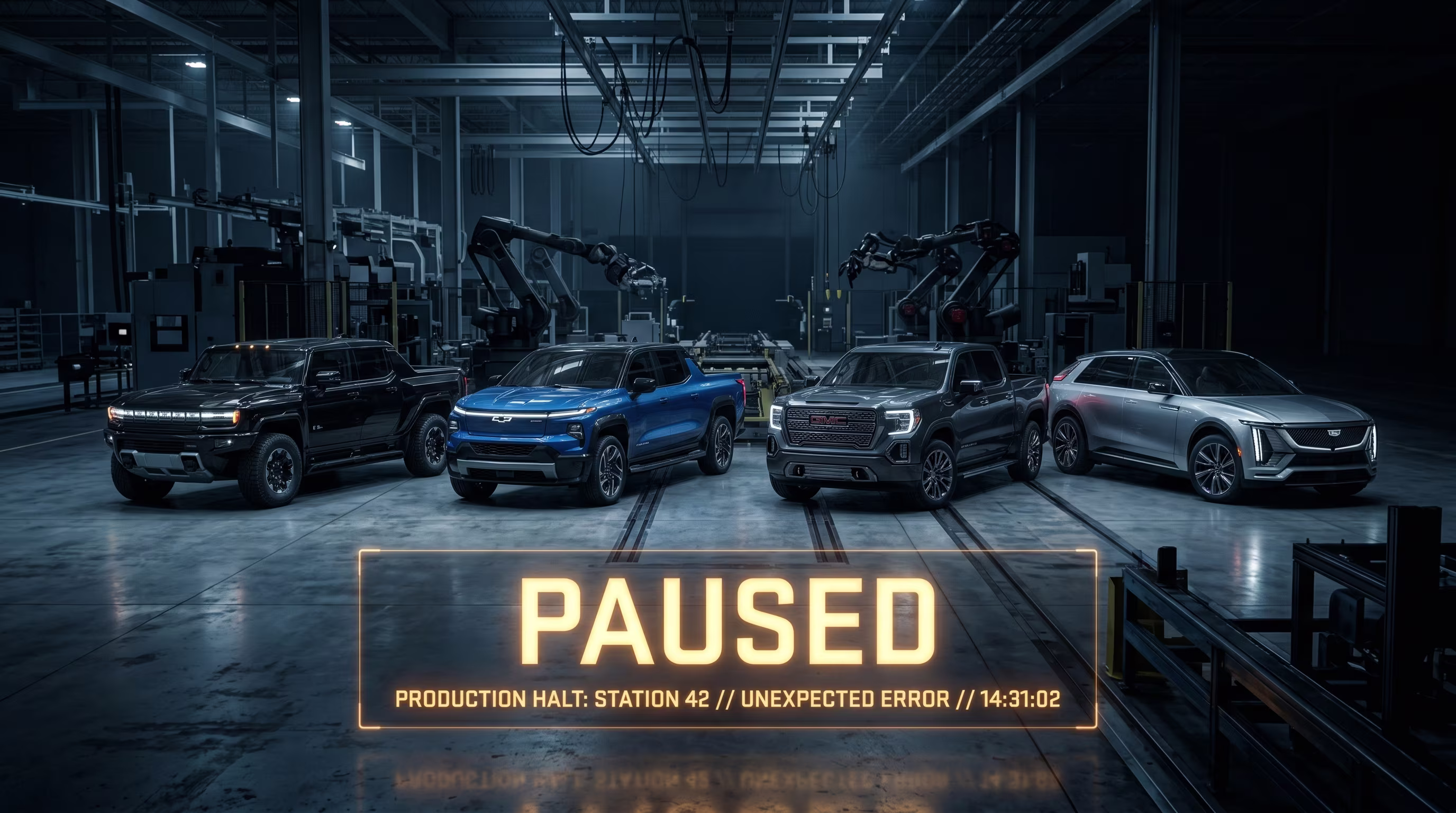 Chevrolet Silverado EV, GMC Hummer EV, Cadillac Escalade IQ, and GMC Sierra EV on a paused assembly line at Factory Zero with a holographic status panel reading PAUSED, representing GMs indefinite delay of next-generation electric truck.