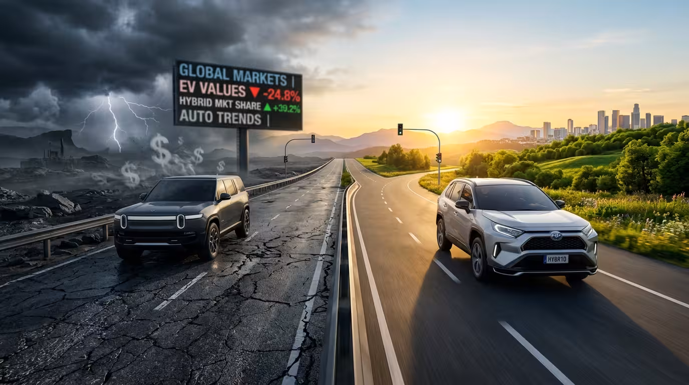 A photorealistic split-road scene symbolizing the 2026 auto market pivot: a hybrid SUV advances into sunlight while an electric SUV stalls under a storm, with financial charts in the background reflecting the great hybrid surge and EV retreat.