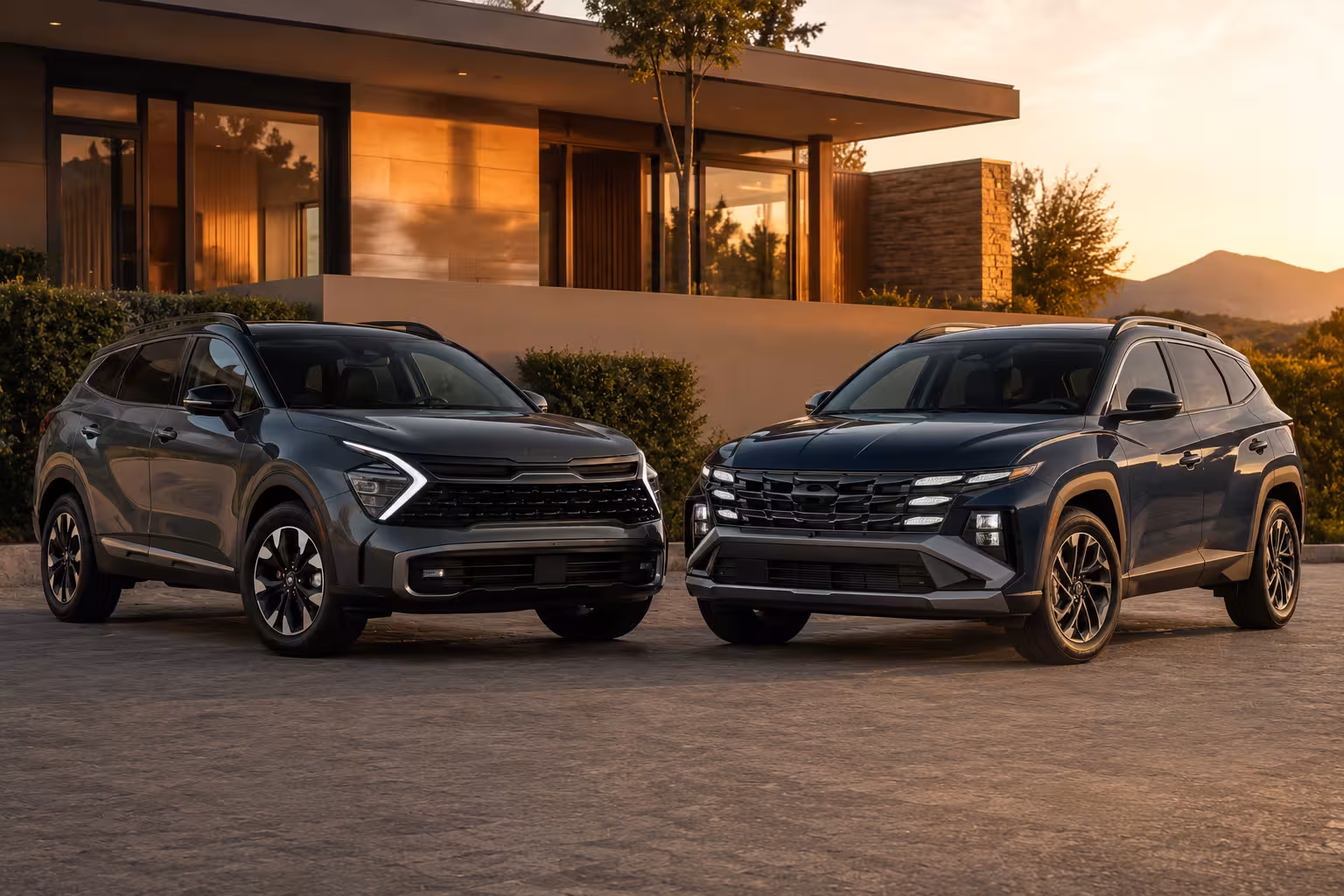 Kia Sportage Hybrid and Hyundai Tucson Hybrid compact hybrid SUVs shown side by side for a 2026 comparison.