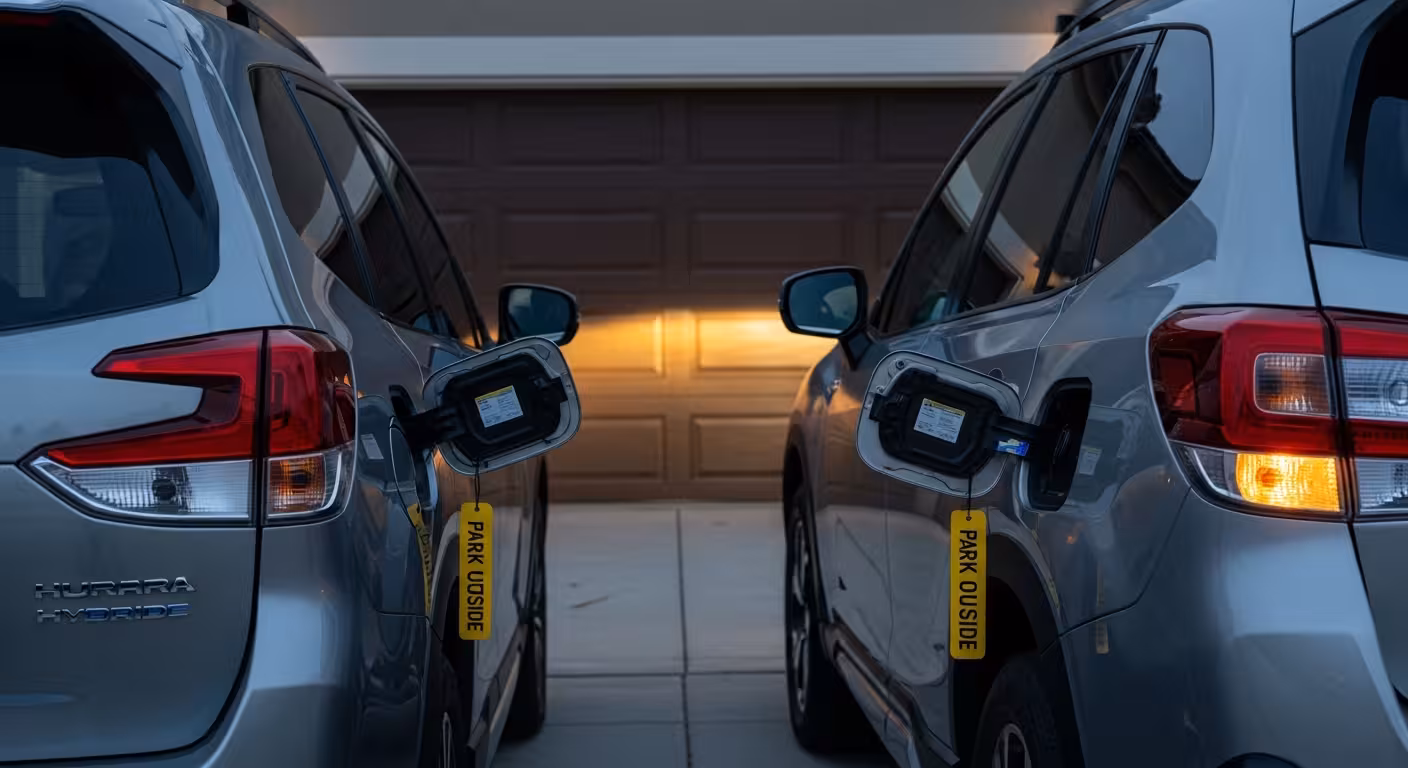 Two Subaru hybrids parked outside a closed garage at dusk, with a safety warning tag visible near the fuel filler door, illustrating the fuel leak recall park-outside advisory.