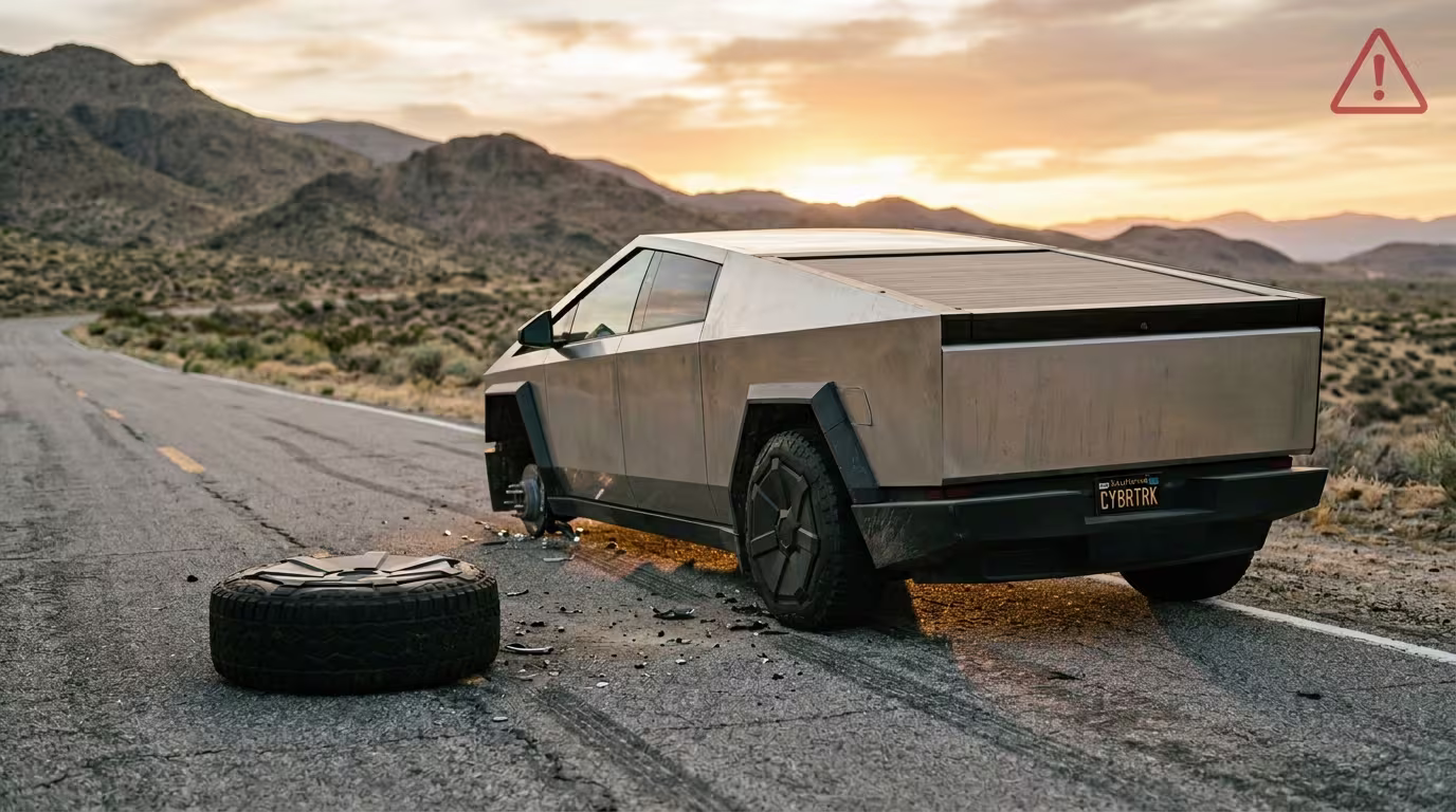 Tesla Cybertruck with front wheel detached and cracked brake rotor exposed, illustrating the 11th Cybertruck recall for wheel stud separation defect and wheel detachment risk.