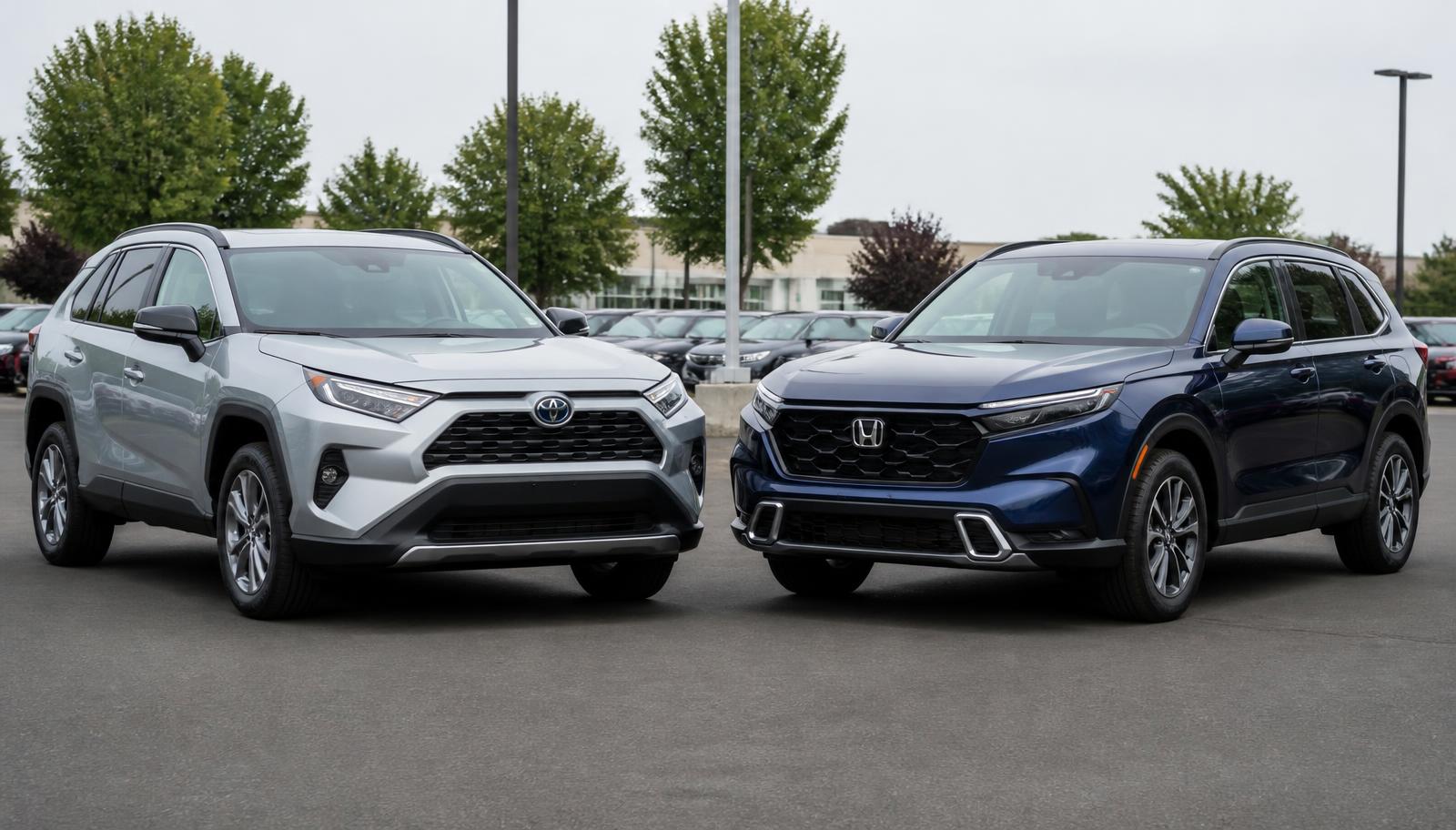 2026 Toyota RAV4 and 2026 Honda CR-V compact SUVs parked side by side for a head-to-head comparison.